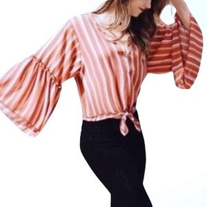 Anthropologie “Lavender Field” Pink/White Striped Cotton Bell Sleeves Top